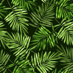 Fototapeta premium Seamless pattern Illustration with hand-drawn watercolor palm leaves in deep emerald and forest green shades on black background