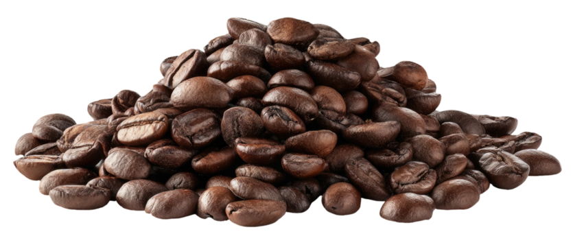 Heaped pile of roasted coffee beans, varying in shade, on black background, close-up, texture visible