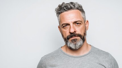 Cheerful 45 year old man alone in a white studio Confident attractive gray bearded male model in a t shirt gazing at the camera Portrait with empty space
