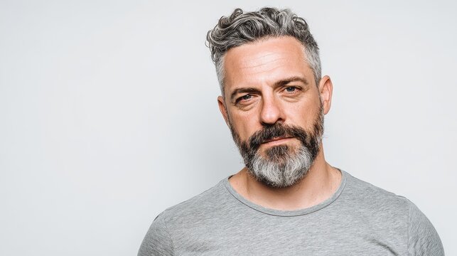 Cheerful 45 year old man alone in a white studio Confident attractive gray bearded male model in a t shirt gazing at the camera Portrait with empty space