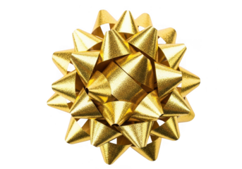 A shiny golden starshaped gift bow, isolated on transparent background