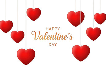 Happy valentines day greeting with red hearts hanging on strings, isolated on transparent background
