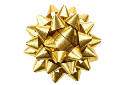 A shiny golden starshaped gift bow, isolated on transparent background