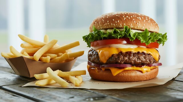 A tall juicy double cheeseburger with fresh lettuce tomato and onions served with a generous portion of golden french fries