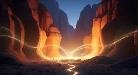 Glowing canyon landscape with ethereal light and winding river.