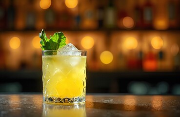 Yellow cocktail with ice and mint garnish rests on a bar counter. Blurred background shows shelves with bottles and soft lights. Refreshing drink ready for serving.