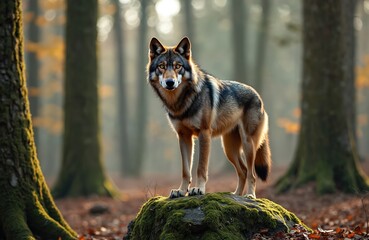 Obraz premium Wild gray wolf stands on moss-covered rock in quiet autumn forest. Predatory animal looks directly at viewer with piercing eyes. Fur blends with nature background. Lone timber wolf in wilderness