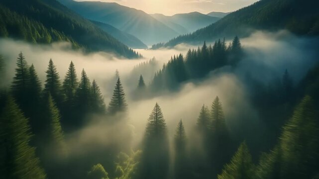 Misty forest canopy at sunrise with sunbeams breaking through the fog-laden mountains
