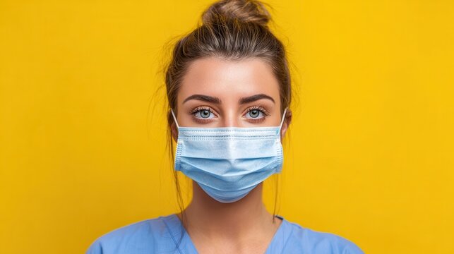 Image of a young female healthcare worker in a mask preparing to combat the COVID 19 pandemic against a yellow backdrop