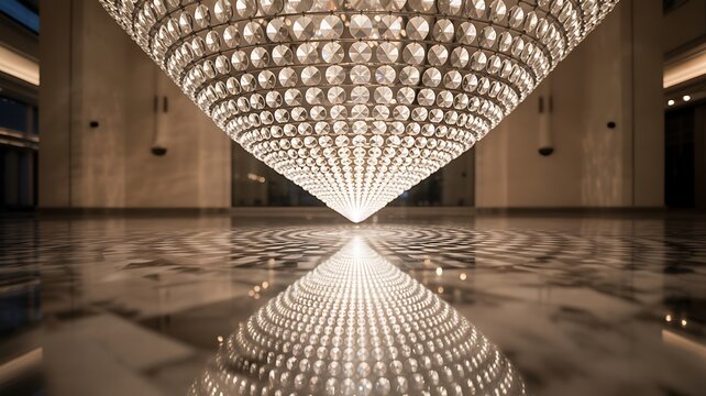 A grand ornate crystal chandelier dramatically reflects on a polished marble floor creating an infinite illusion of light and grandeur - Powered by Adobe