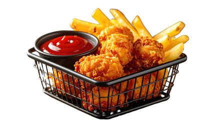 Fried chicken bites and fries in a wire basket, with ketchup in a bowl, on a black background