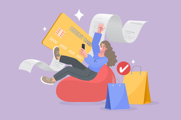 A happy woman sits on a beanbag, celebrating a successful purchase with her smartphone and a giant credit card. Long receipts and shopping bags symbolize a completed e-commerce transaction.