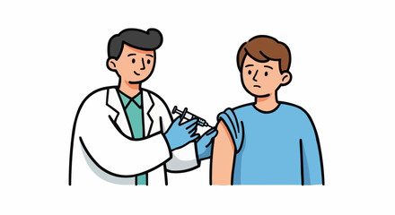 Fototapeta premium Cartoon image showing a doctor giving a patient an injection for immunization against illness at a medical facility.