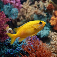 Vibrant yellow fish swims gracefully amidst a colorful coral reef, showcasing the beauty of marine life and underwater ecosystems