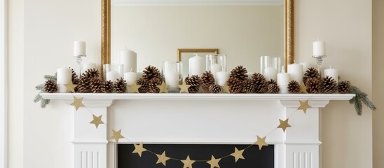 White fireplace mantel decorated with candles, pine cones, and a gold star garland. Elegant Christmas holiday home interior decor. Festive and cozy winter concept