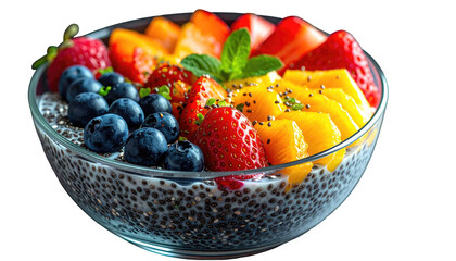 Fruit bowl with chia seeds, strawberries, blueberries, mango, peach, and mint, a healthy and colorful breakfast or snack