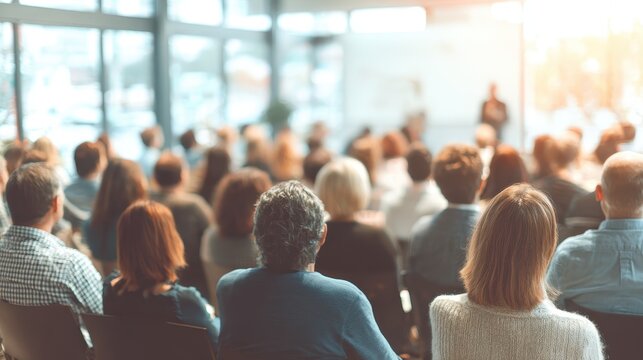 Business professionals attending a seminar audience engaging in training session led by an expert