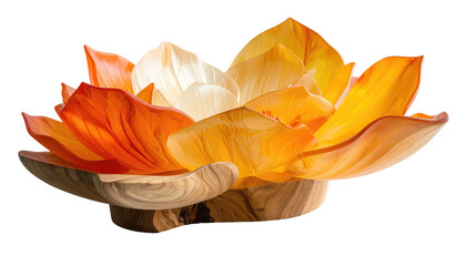 Flower-shaped lamp. Wood base, orange-to-white gradient petals, and a warm glow. On a transparent background