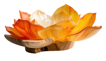 Flower-shaped lamp. Wood base, orange-to-white gradient petals, and a warm glow. On a transparent background