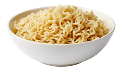 Plain cooked noodles filling a white bowl, isolated on a black backdrop