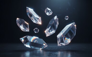 Abstract composition of shimmering crystalline shards and droplets suspended in a dark reflective environment showcasing light refraction and ethereal beauty