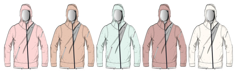 Set of five hooded jackets in different colors, displayed side by side on mannequins
