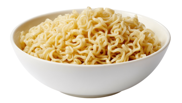 Plain cooked noodles filling a white bowl, isolated on a black backdrop - Powered by Adobe