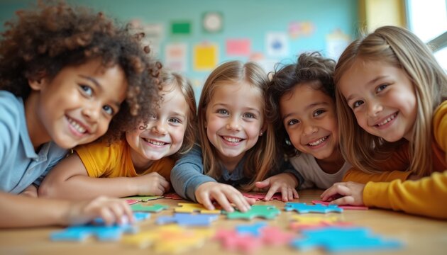 Five happy children diverse in ethnicity smile while assembling a colorful jigsaw puzzle. Kids collaborate on a tabletop activity, enjoying shared learning and playtime indoors. - Powered by Adobe