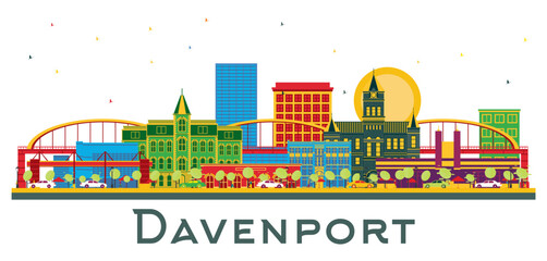Davenport Iowa Skyline with Color Buildings isolated on white. Illustration. Business Travel and Tourism Illustration with Historic Architecture. Davenport cityscape with landmarks.