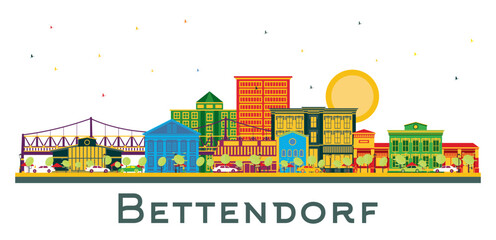 Bettendorf Iowa City Skyline with Color Buildings isolated on white. Illustration. Business Travel and Tourism Illustration with Modern Architecture. Bettendorf Cityscape with Landmarks.