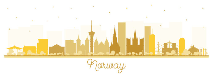 Norway city skyline silhouette with golden buildings isolated on white. Illustration. Concept with historic and modern architecture. Norway cityscape with landmarks. Oslo. Stavanger. Trondheim.