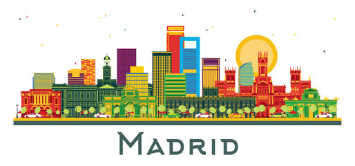 Madrid Spain City Skyline with Color Buildings isolated on white. Illustration. Business Travel and Tourism Concept with Historic Architecture. Madrid Cityscape with Landmarks.