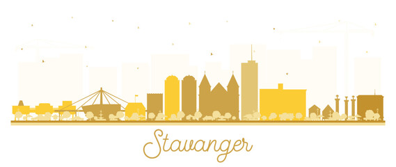 Stavanger Norway city skyline silhouette with golden buildings isolated on white. Illustration. Stavanger cityscape with landmarks. Business travel and tourism concept with historic architecture.