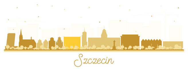 Szczecin Poland city skyline silhouette with golden buildings isolated on white. Illustration. Szczecin cityscape with landmarks. Business and tourism concept with and historic architecture.
