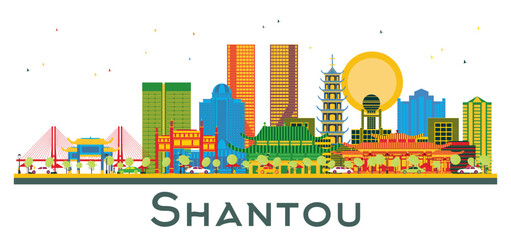 Shantou China Skyline with Color Buildings isolated on white. Illustration. Business Travel and Tourism Concept with Modern Architecture. Shantou Cityscape with Landmarks.