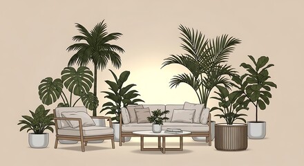 Fototapeta premium Indoor tropical garden setting with modern furniture and beige backdrop