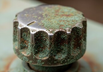 Detail of weathered knob with green growth, conveying age and neglect