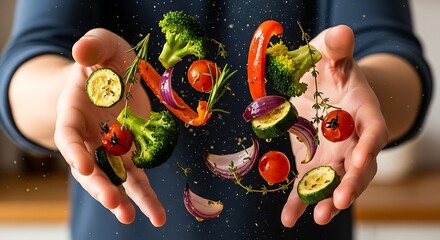 Dynamic culinary creation: Vibrant vegetables suspended gracefully between outstretched hands showing the beauty of food
