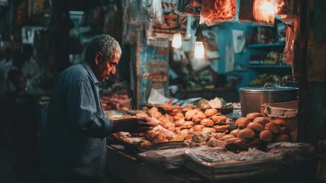 Elderly vendor preparing food at a bustling local market stall
