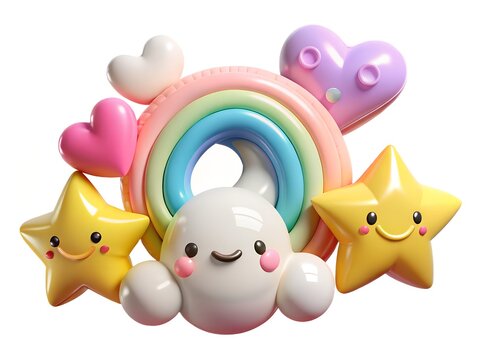 Cute cartoon rainbow with smiling stars and hearts, a cheerful and whimsical design, isolated on white background