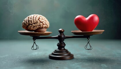 A scale balances a brain against a heart. This symbolizes intellect versus emotion conflict and harmony. Decision making metaphor for life choices.
