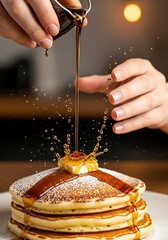 Golden syrup cascade: Indulgent pancakes experience with decadent drizzle and a touch of powdered sweetness