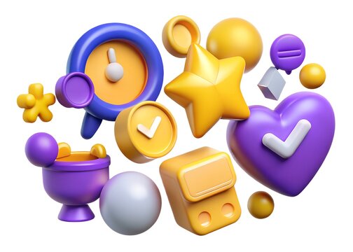 Collection of 3d render icons featuring a clock, star, heart, flower, and other shapes isolated on white background