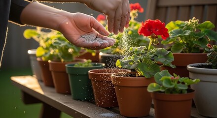 Hands sprinkling fertilizer on flowers in pots, fostering growth, care