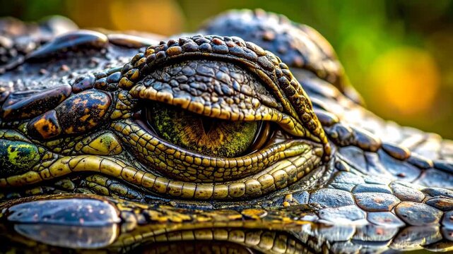 Close-up of a crocodiles eye, showcasing its intricate scales and reptilian gaze in a natural habitat.