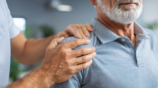 Rehabilitation for arm pain involving a physiotherapist chiropractor and elderly man medical care and exercise support for wellness