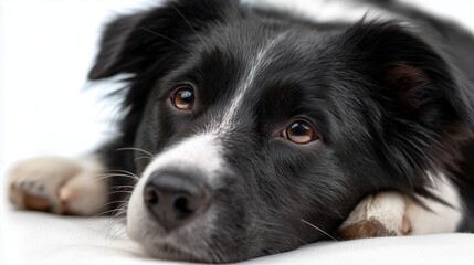 Fototapeta premium Black and white dog resting on a soft surface, looking gently up at the camera