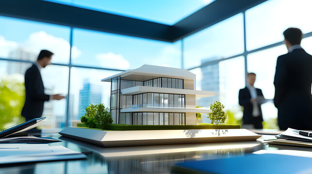 A model of a modern private home on an office desk surrounded by businesspeople