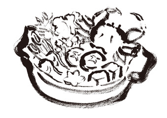 蟹鍋　和風筆書きイラスト　モノクロ