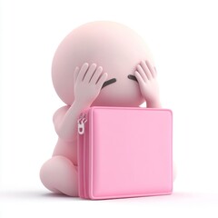 A 3D character sits over an empty pink wallet, covering his head with his hands and crying. Vector illustration on a white background.